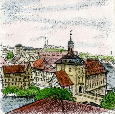 Bamberg, Altes Rathaus (aus der Vogelperspektive)